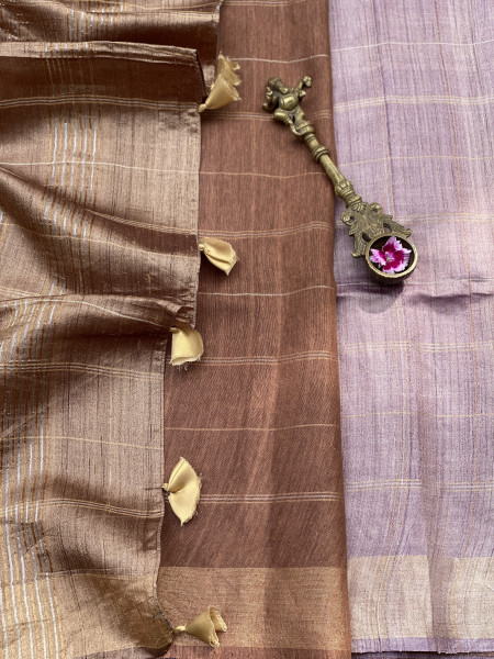 MAUVE-CARAMEL HAND WOVEN TUSSAR SILK SARI