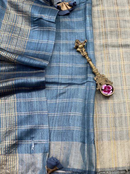 GREY-BLUE HAND WOVEN TUSSAR SILK SARI