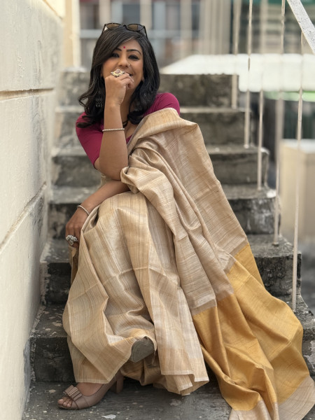 BEIGE-YELLOW HAND WOVEN TUSSAR SILK SARI