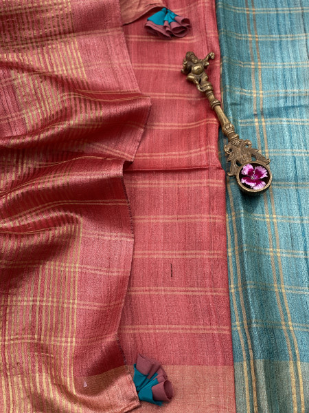 AQUA-CORAL HAND WOVEN TUSSAR SILK SARI