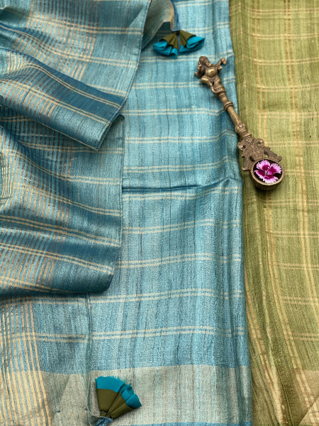 PARROT GREEN-AQUA HAND WOVEN TUSSAR SILK SARI