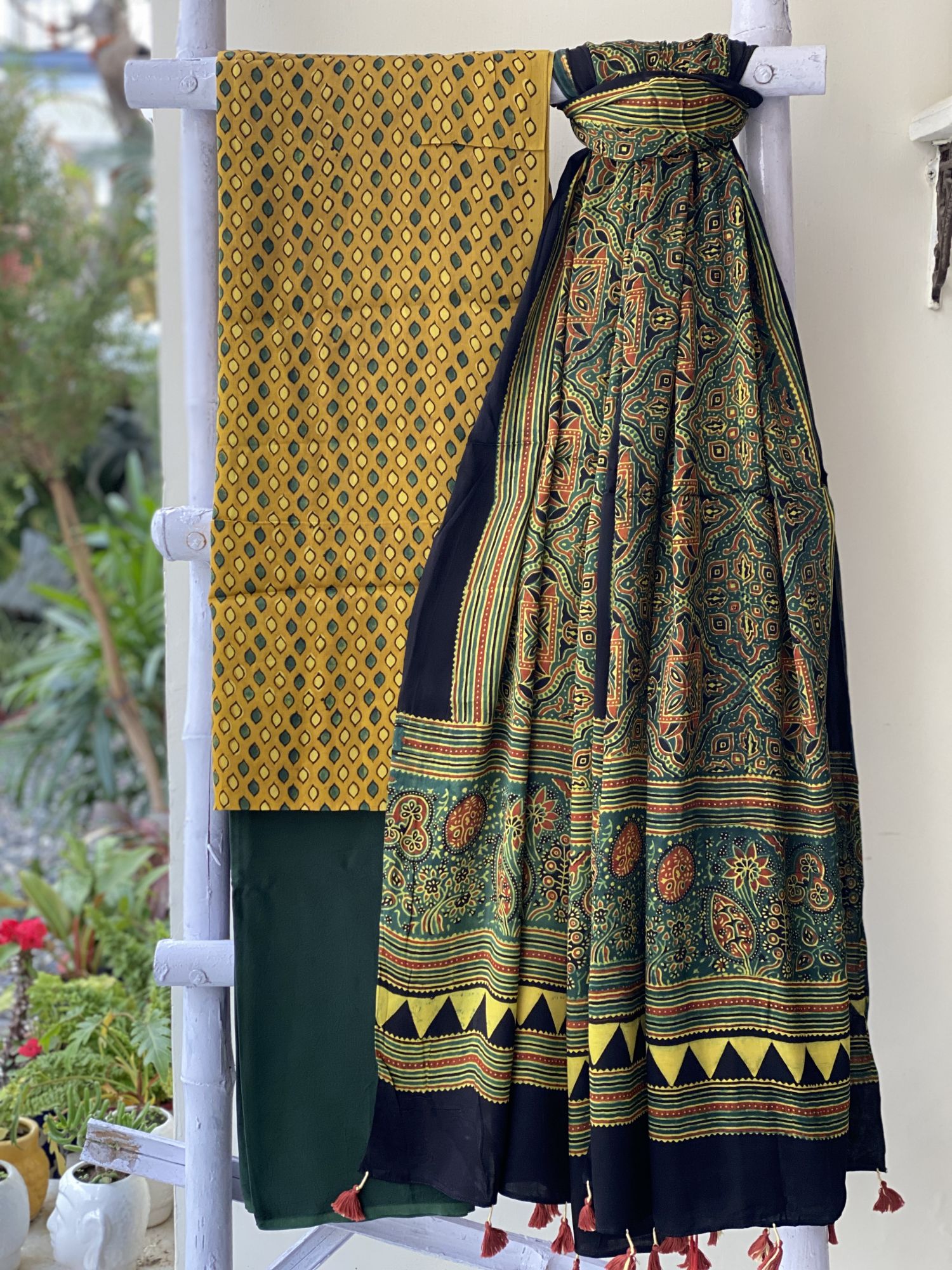 MUSTARDBOTTLE GREEN ajrakh handcrafted modal silk dupatta SET