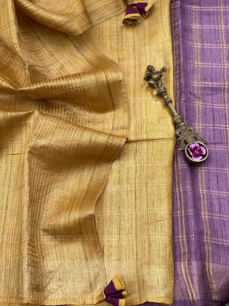 PURPLE-MUSTARD HAND WOVEN TUSSAR SILK SARI