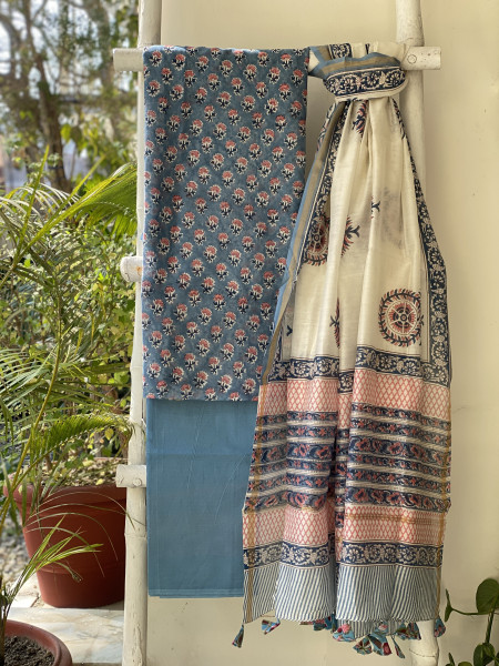 BLUE HAND BLOCK PRINT CHANDERI SILK & COTTON DUPATTA SET