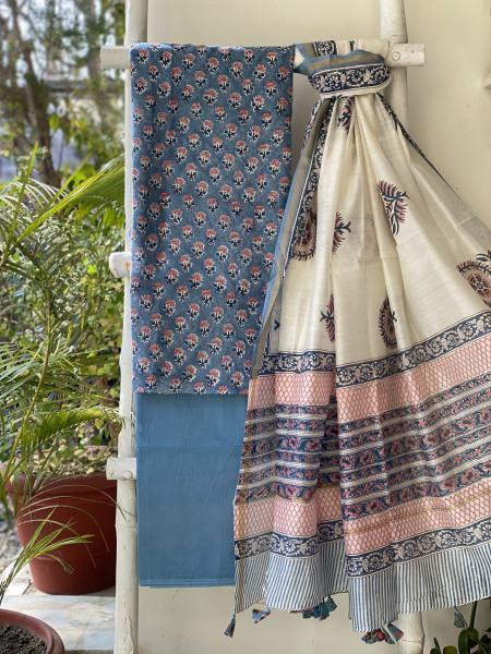 BLUE HAND BLOCK PRINT CHANDERI SILK & COTTON DUPATTA SET
