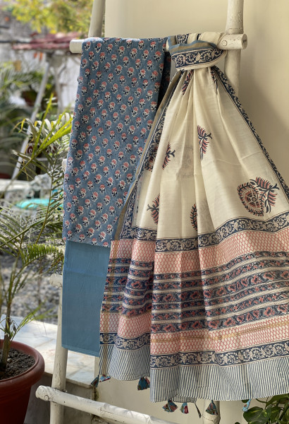 BLUE HAND BLOCK PRINT CHANDERI SILK & COTTON DUPATTA SET