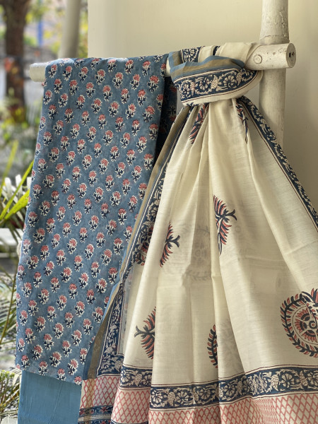 BLUE HAND BLOCK PRINT CHANDERI SILK & COTTON DUPATTA SET