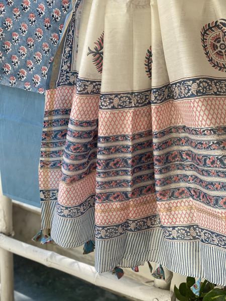 BLUE HAND BLOCK PRINT CHANDERI SILK & COTTON DUPATTA SET