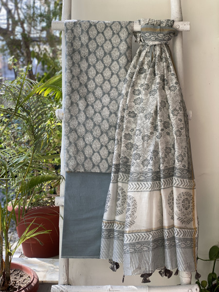 GREY HAND BLOCK PRINT CHANDERI SILK & COTTON DUPATTA SET