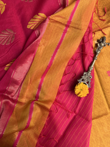 MUSTARD & FUCHSIA MAHESHWARI SILK & COTTON SARI