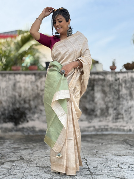 BEIGE-MINT GREEN HAND WOVEN TUSSAR SILK SARI