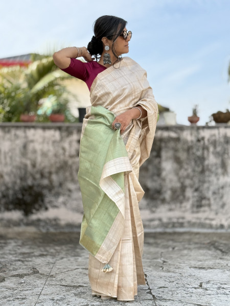 BEIGE-MINT GREEN HAND WOVEN TUSSAR SILK SARI