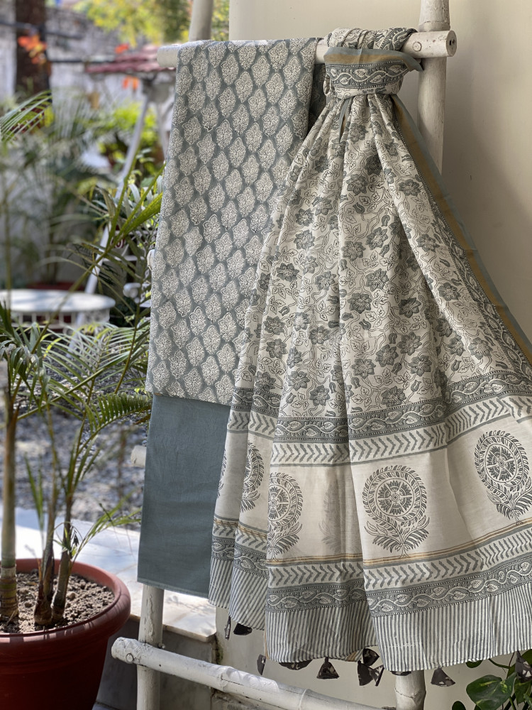 Image of GREY HAND BLOCK PRINT CHANDERI SILK &amp; COTTON DUPATTA SET