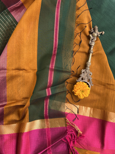 BOTTLE GREEN MAHESHWARI SILK & COTTON SARI