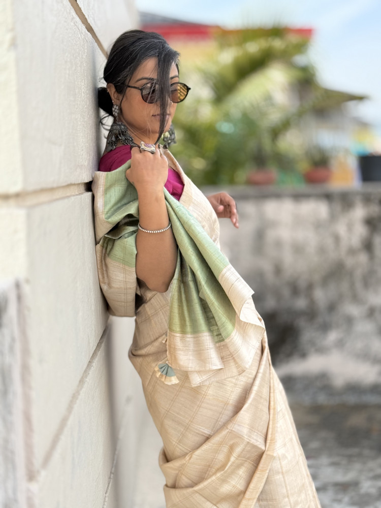 Image of BEIGE-MINT GREEN HAND WOVEN TUSSAR SILK SARI