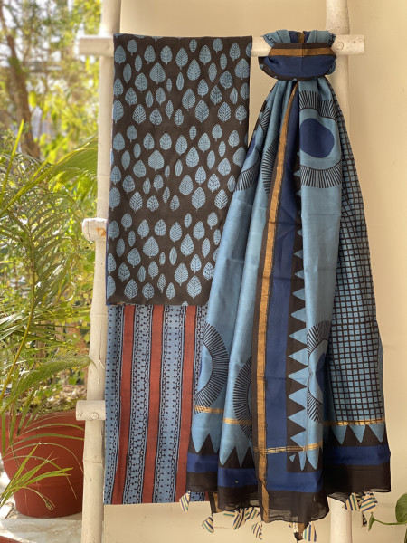 BLACK-INDIGO HAND BLOCK PRINT CHANDERI SILK & COTTON DUPATTA SET