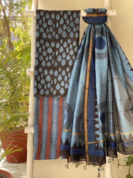 BLACK-INDIGO HAND BLOCK PRINT CHANDERI SILK & COTTON DUPATTA SET