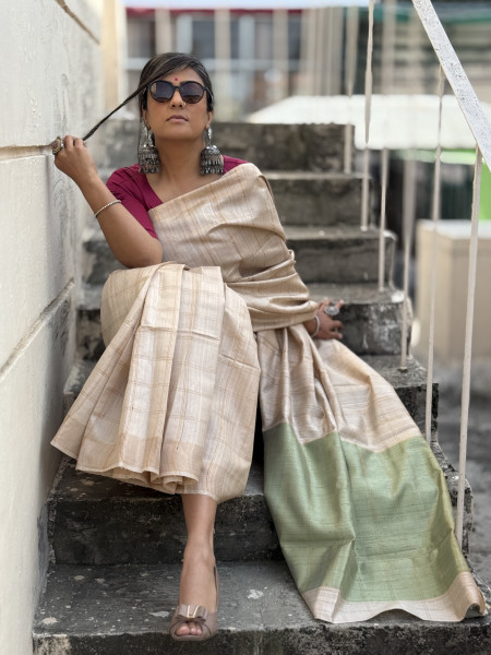 BEIGE-MINT GREEN HAND WOVEN TUSSAR SILK SARI