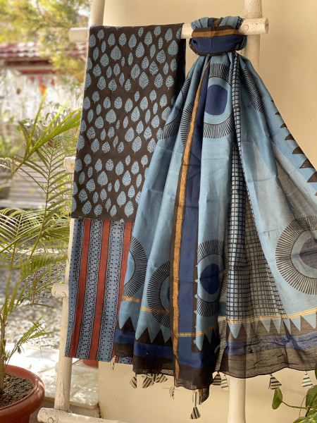 BLACK-INDIGO HAND BLOCK PRINT CHANDERI SILK & COTTON DUPATTA SET