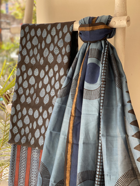 BLACK-INDIGO HAND BLOCK PRINT CHANDERI SILK & COTTON DUPATTA SET
