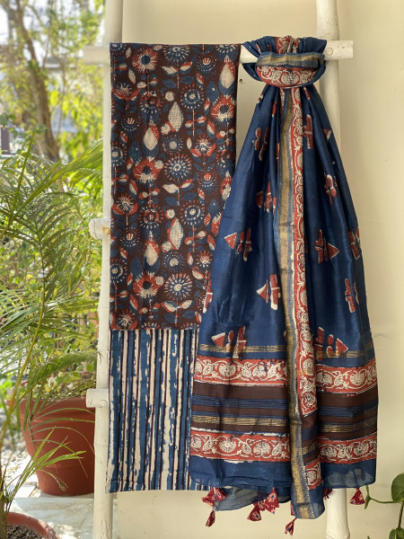MAROON-INDIGO HAND BLOCK PRINT CHANDERI SILK & COTTON DUPATTA SET
