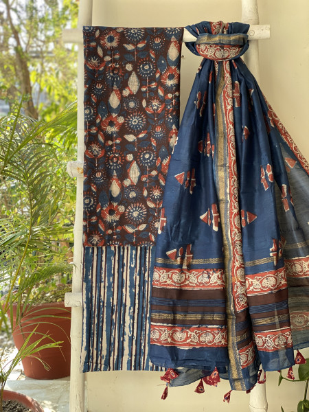 MAROON-INDIGO HAND BLOCK PRINT CHANDERI SILK & COTTON DUPATTA SET