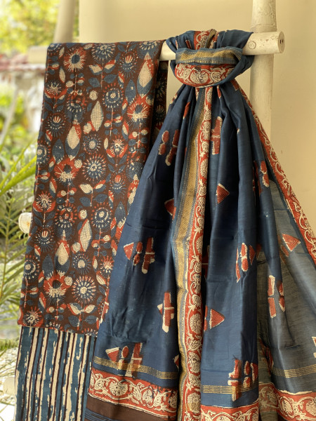 MAROON-INDIGO HAND BLOCK PRINT CHANDERI SILK & COTTON DUPATTA SET