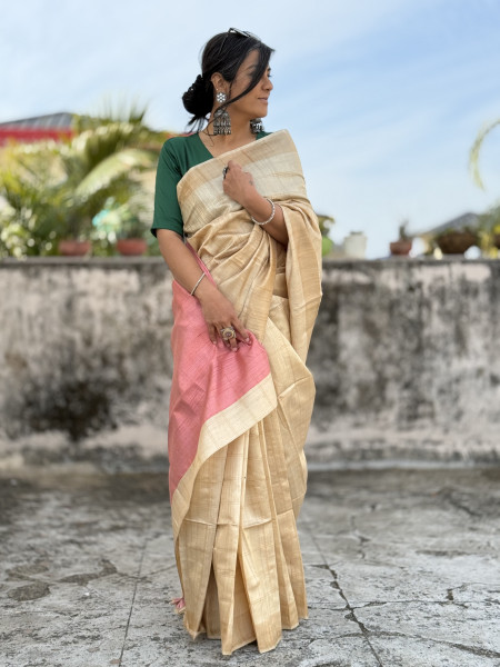 BEIGE-PEACH HAND WOVEN TUSSAR SILK SARI