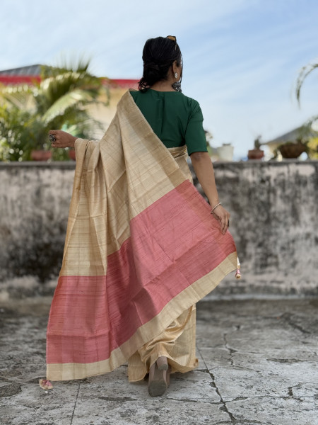 BEIGE-PEACH HAND WOVEN TUSSAR SILK SARI
