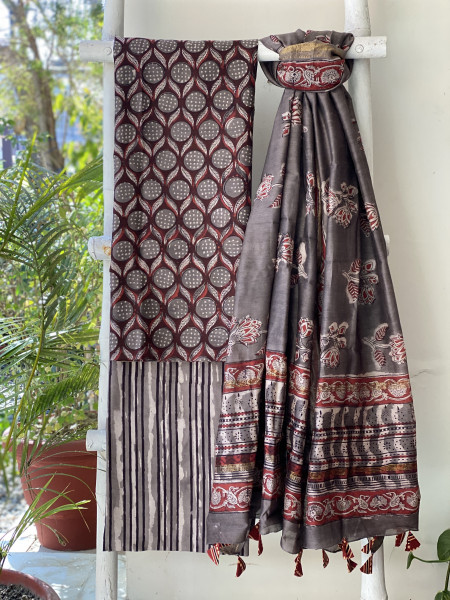 CHERRY-GREY HAND BLOCK PRINT CHANDERI SILK & COTTON DUPATTA SET