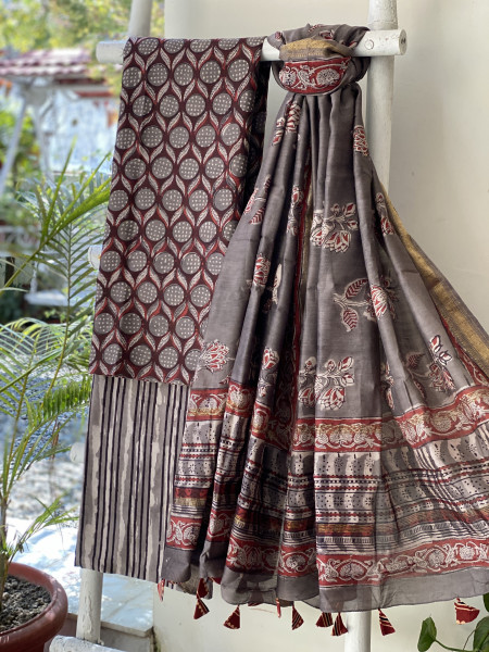 CHERRY-GREY HAND BLOCK PRINT CHANDERI SILK & COTTON DUPATTA SET