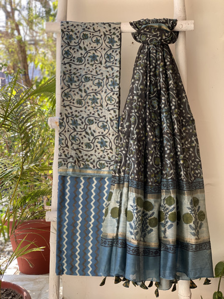 INDIGO HAND BLOCK PRINT CHANDERI SILK & COTTON DUPATTA SET