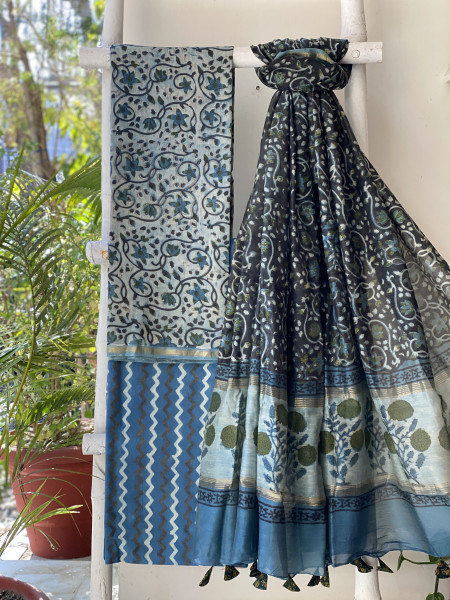 INDIGO HAND BLOCK PRINT CHANDERI SILK & COTTON DUPATTA SET