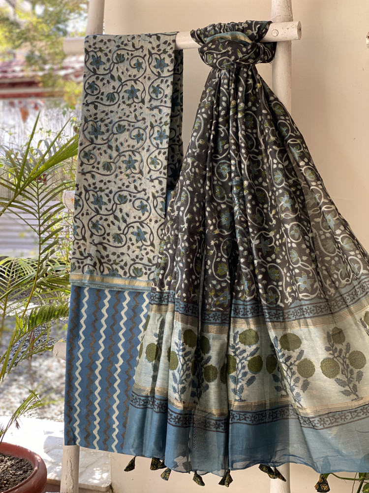 Image of INDIGO HAND BLOCK PRINT CHANDERI SILK &amp; COTTON DUPATTA SET