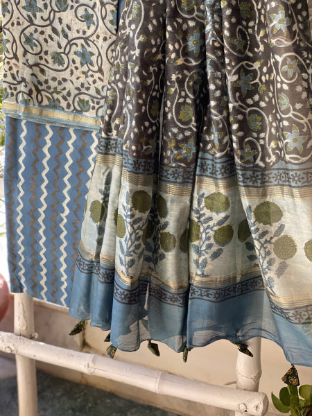 INDIGO HAND BLOCK PRINT CHANDERI SILK & COTTON DUPATTA SET