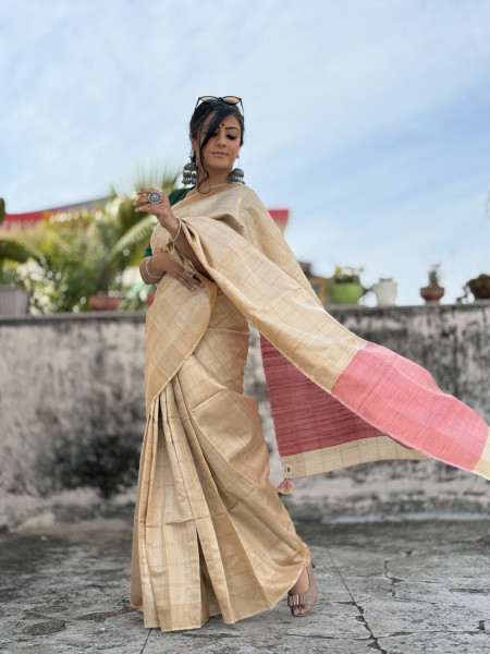 BEIGE-PEACH HAND WOVEN TUSSAR SILK SARI