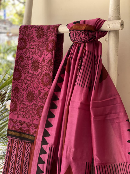 MAGENTA HAND BLOCK PRINT CHANDERI SILK & COTTON DUPATTA SET
