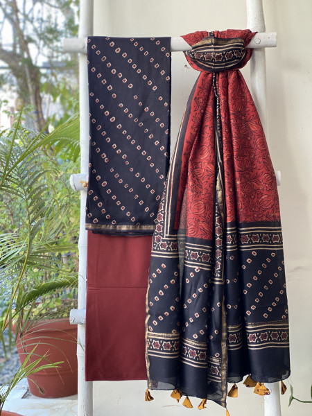 BLACK-MAROON HAND BLOCK PRINT CHANDERI SILK & COTTON DUPATTA SET