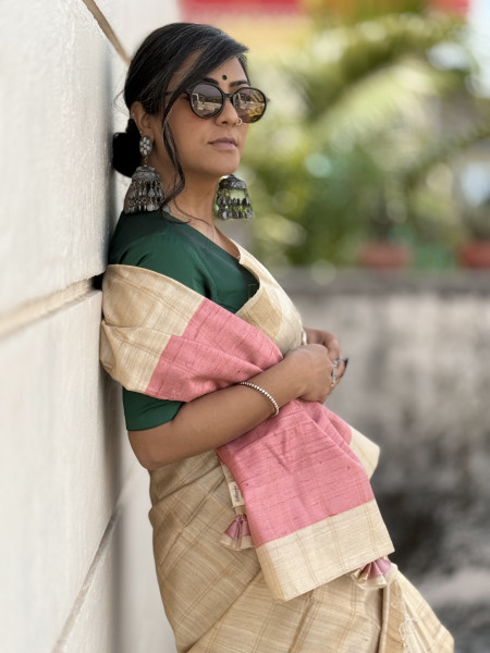 BEIGE-PEACH HAND WOVEN TUSSAR SILK SARI