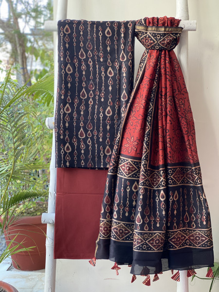 BLACK-MAROON HAND BLOCK PRINT CHANDERI SILK & COTTON DUPATTA SET