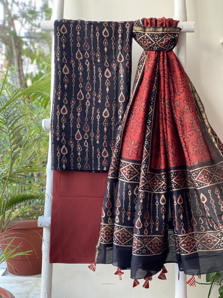 BLACK-MAROON HAND BLOCK PRINT CHANDERI SILK & COTTON DUPATTA SET