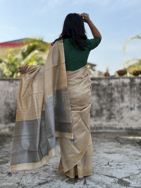 BEIGE-GREY HAND WOVEN TUSSAR SILK SARI