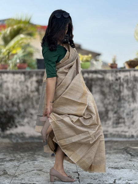BEIGE-GREY HAND WOVEN TUSSAR SILK SARI