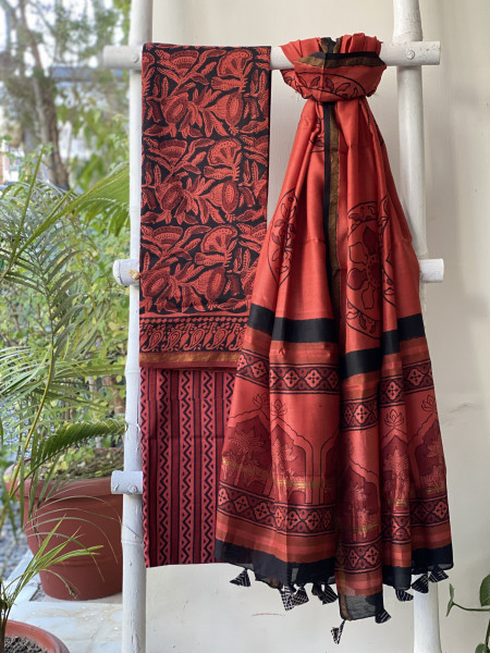 RED-BLACK HAND BLOCK PRINT CHANDERI SILK & COTTON DUPATTA SET
