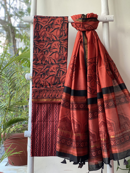 RED-BLACK HAND BLOCK PRINT CHANDERI SILK & COTTON DUPATTA SET