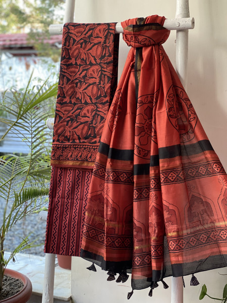 RED-BLACK HAND BLOCK PRINT CHANDERI SILK & COTTON DUPATTA SET
