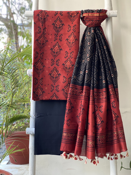 MAROON-BLACK HAND BLOCK PRINT CHANDERI SILK & COTTON DUPATTA SET
