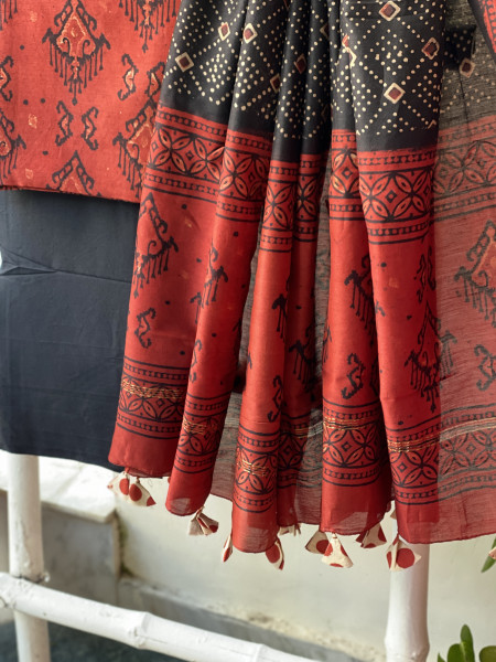 MAROON-BLACK HAND BLOCK PRINT CHANDERI SILK & COTTON DUPATTA SET