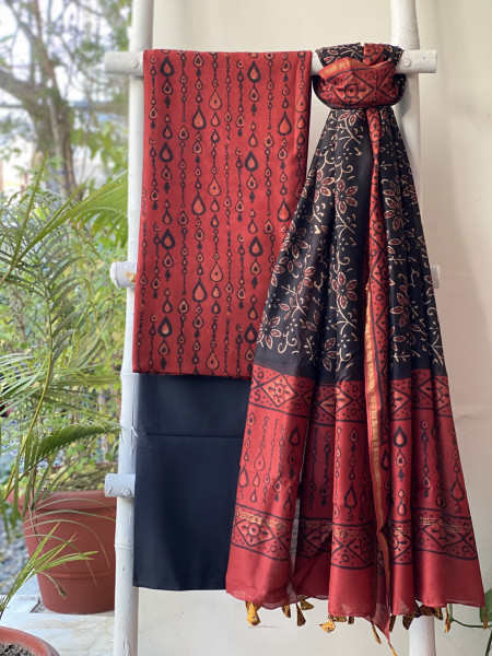 MAROON-BLACK HAND BLOCK PRINT CHANDERI SILK & COTTON DUPATTA SET