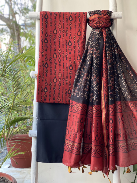MAROON-BLACK HAND BLOCK PRINT CHANDERI SILK & COTTON DUPATTA SET